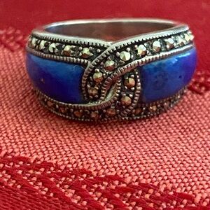 Vintage Sterling Silver Ornate LAPIZ LAZULI Marcasites Ring